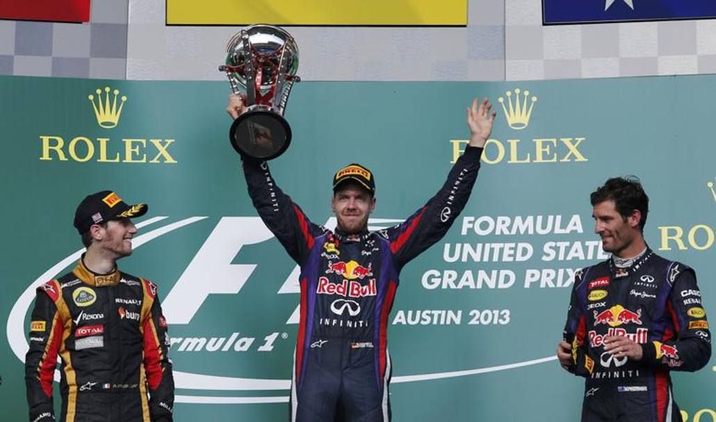 Ecco il podio di Austin con Vettel, Grosjean e Webber, ancora una volta un podio tutto motorizzato Renault